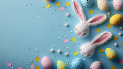 Fototapeta premium Celebration of Colors, Two Cheerful Easter Bunnies Amidst a Kaleidoscope of Easter Eggs and Confetti on a Blue to White Gradient Background