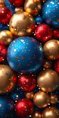 Vibrant and closely packed multicolored spheres in blue, red, and gold with reflective surfaces and scattered speckled patterns in an abstract arrangement