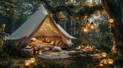A luxurious glamping setup is nestled in a magical, fairy-tale-like forest, with soft, diffused light streaming through the canopy.