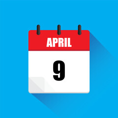 April ninth calendar. Red white vector. Blue background icon. Long shadow illustration.