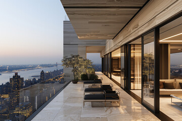 Luxurious urban penthouse showcasing minimalist elegance with marble accents and seamless design in vibrant New York City.
