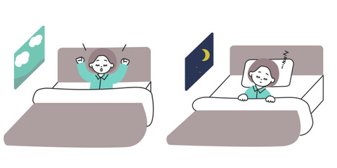 ベッドで就寝・起床する女性のイラストセット