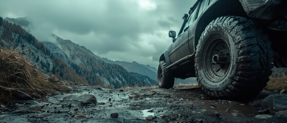 4x4 off road vehicle wallpaper on a amazing mountain scenery in low angle, very photographic with a beautiful light