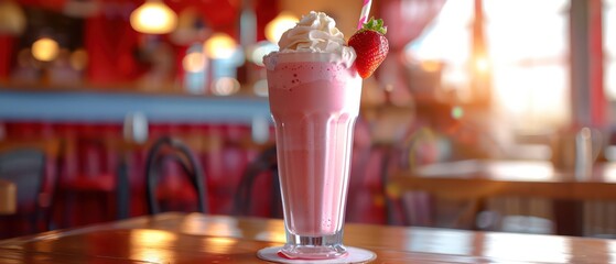 beautiful strawberry milkshake in a glass, professional setting and nice colors