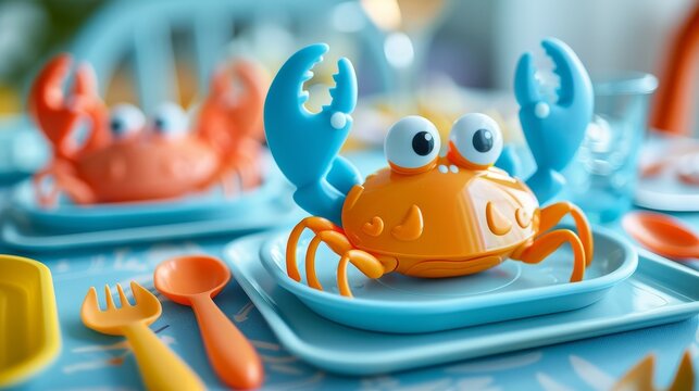 Detailed close-up of a crab-shaped plate set, featuring spoon, fork, and glass, with vibrant children's meals, microwavable and eco-friendly