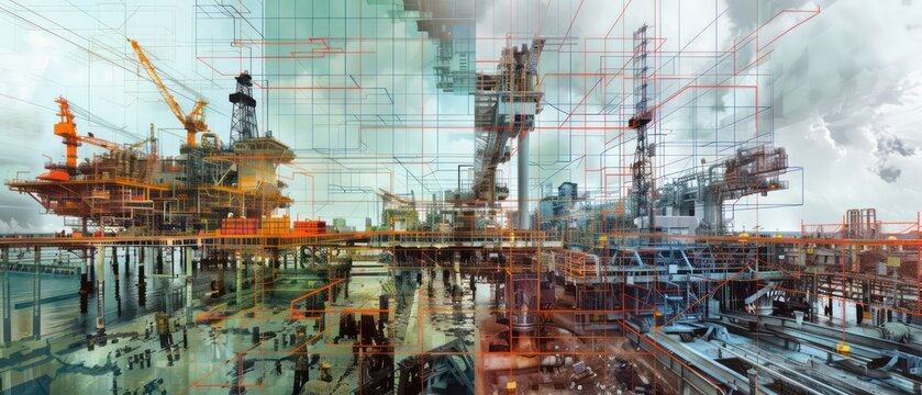 collage wallpaper of lidar point clouds of big industrial facilities on a ground level, amazing perspective and composition