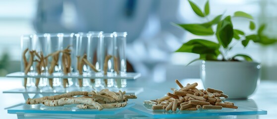 ashwagandha plant on a laboratory table, very professional image and well set
