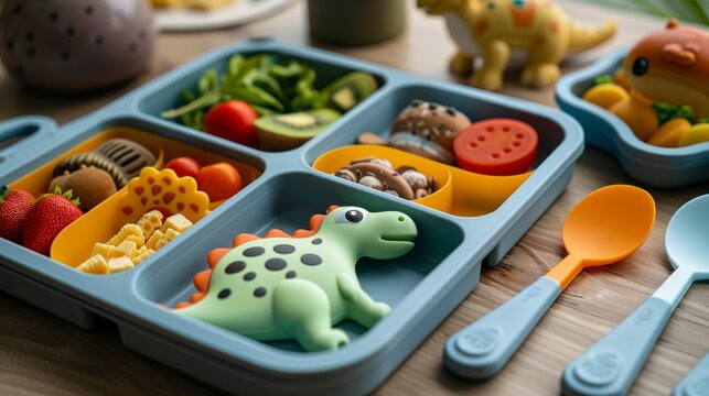 Close-up shot of dinosaur-themed children's plate set, highlighting the divided plates, utensils, and colorful meals, isolated background
