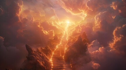 Close-up shot of a heavenly stairway, showcasing the radiant steps, soft cloudscape, and an inviting, celestial light above