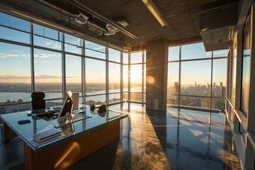 A modern office decoration with a large window and a table with chairs and a plant on it, AI-generated