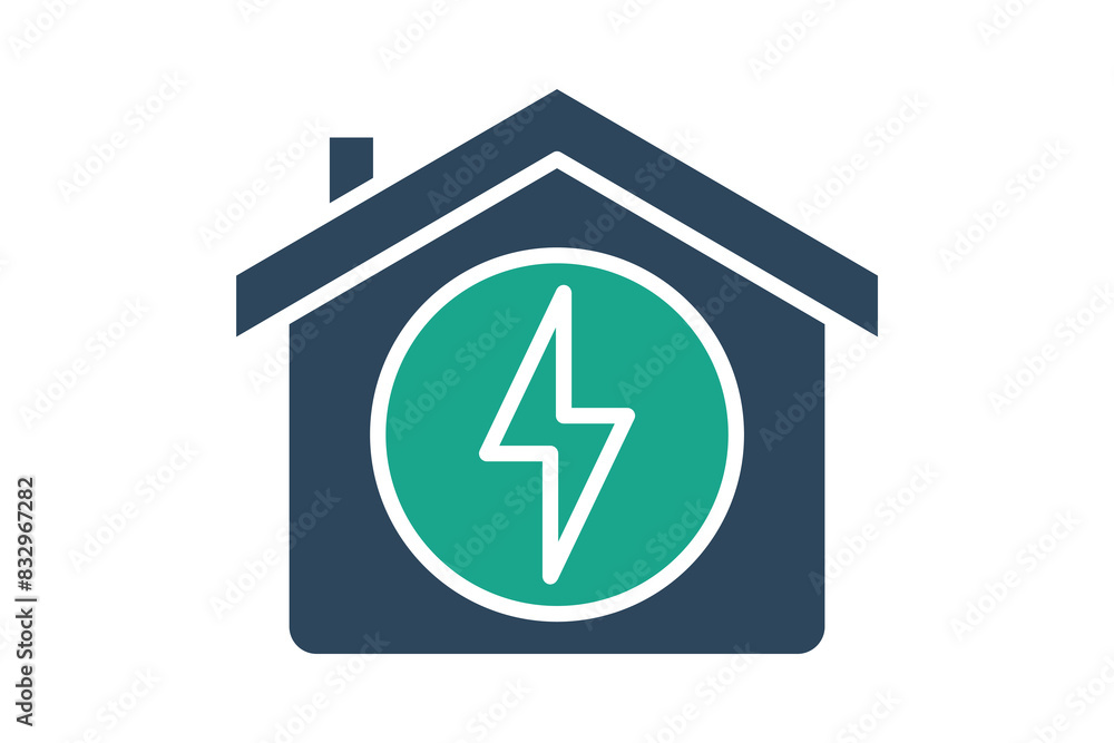 Poster electric icon. house with lightning. icon related to utilities. solid icon style. utilities elements