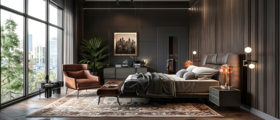 modern and contemporary bedroom with dark wood and grey tones, mid-century inspired