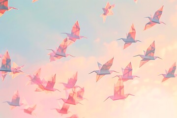 A flock of origami birds taking flight in unison against a pastel sky