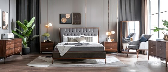 modern and contemporary bedroom with dark wood and grey tones, mid-century inspired