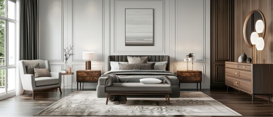 modern and contemporary bedroom with dark wood and grey tones, mid-century inspired