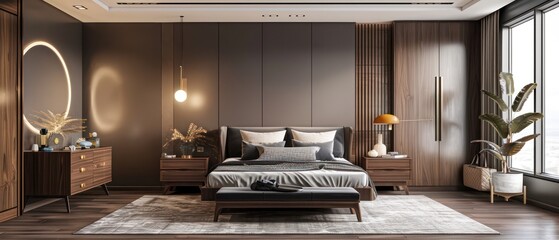 modern and contemporary bedroom with dark wood and grey tones, mid-century inspired
