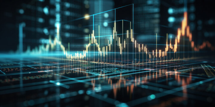 Perspective view of stock market growth, business investing and data concept with digital financial chart graphs, diagrams and indicators on dark blue blurry background