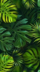 Fototapeta premium Bright tropical background with jungle plants. Exotic pattern with palm leaves