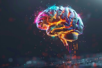 3d render of colorful brain made from circuit board, dark background, glowing elements