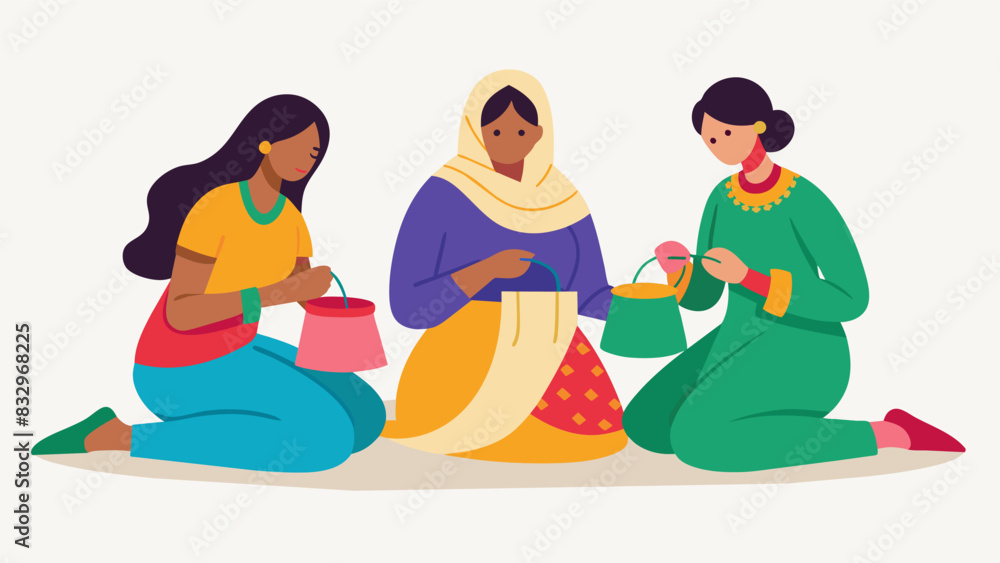 Poster a group of women embroidering fabrics with colorful threads each adding their own unique touch to th