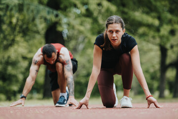 Two athletic friends preparing to sprint on a running track surrounded by lush green trees, focusing on their upcoming race.