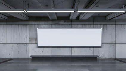 Obraz premium A blank billboard hanging on the wall of an empty subway station featuring gray walls, white lighting, and high resolution.