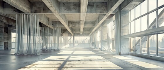 wallpaper of a building big interior workshop factory with strong concrete structure and metal construction and dramatic lighting