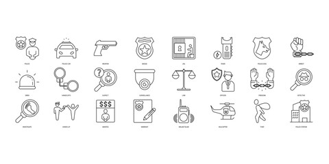 Police icons set. Set of editable stroke icons.Set of Police