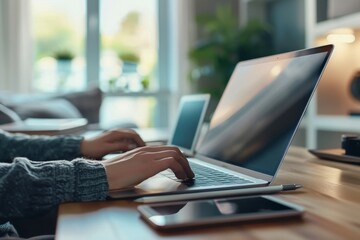 Fototapeta premium A closeup of hands typing on an open laptop, with the tablet in hand and smartphone beside it, set against a blurred home office background.