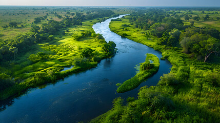 A serene nature delta with winding waterways and lush vegetation, the sky clear and blue above