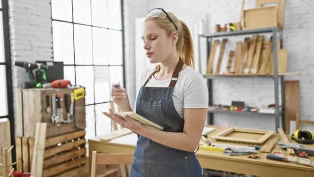 Blonde woman pondering while holding notebook in workshop