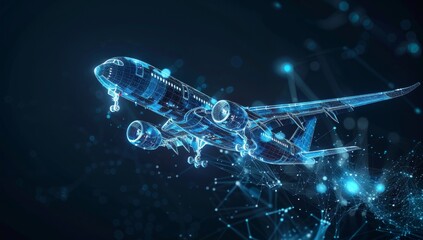 A digital rendering of an airplane flying in the air, composed entirely from blue wireframe holographic data and cybernetic connections, against a dark background.