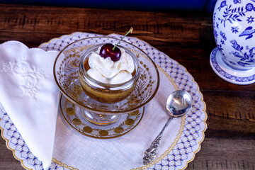 Caramel souffle on an antique fine glass compote etched with gold