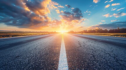 Close-up of a highway vanishing into the horizon, surrounded by dramatic clouds and sunlight beams creating a heavenly glow