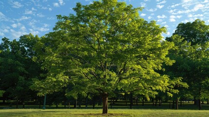A solitary tree with sizeable leaves stands out in the center of the park