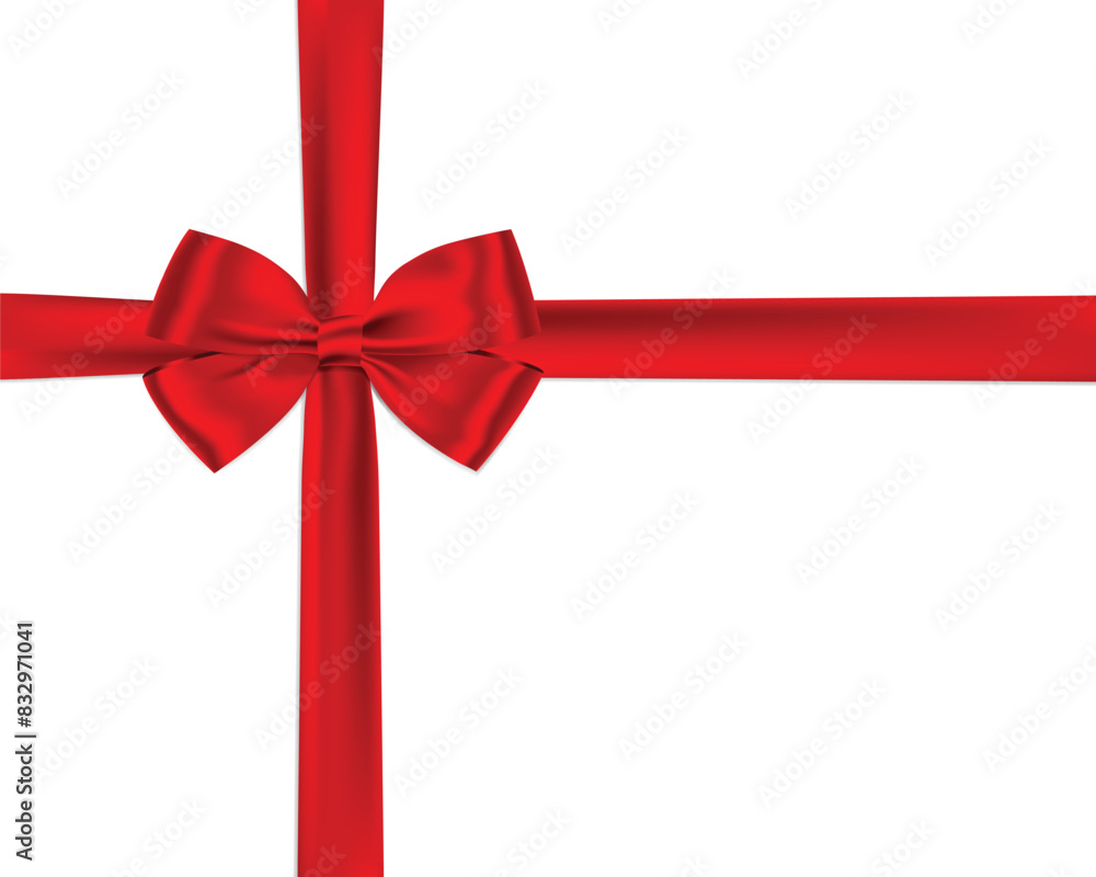 Poster red bow and ribbon cross tied realistic shiny satin for decorate your gift card or website vector wi