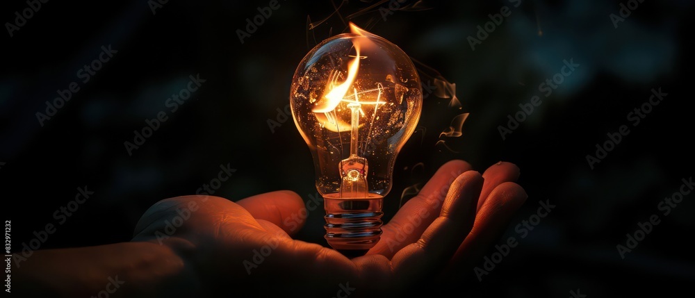 Wall mural hand holding a light bulb on fire isolated on a black background - Wall murals
