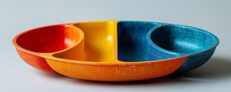 Close-up of a 5-section kids' plate, multicolor, made from wheat straw, microwave and dishwasher safe, isolated background, studio lighting