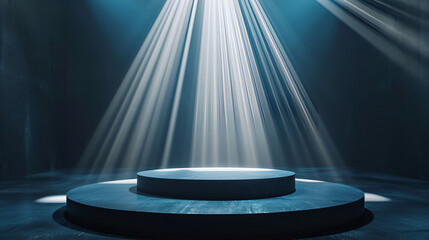 Round podium with smoke effect and spotlight illumination, empty stage for award ceremony, product presentation or fashion show performance, pedestal in nightclub
