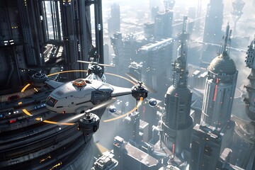 A futuristic passenger drone landing on a rooftop platform in a bustling cityscape