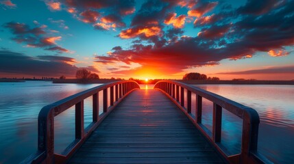 Obraz premium Captivating sunset with vibrant cloud formations, an elegant bridge arching towards a radiant heavenly entrance