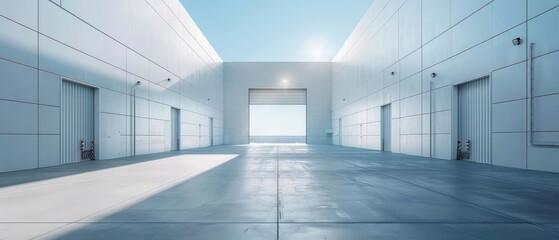 Obraz premium modern minimalist white production building, outdoor view with a bright sky 