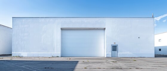 modern minimalist white production building, outdoor view with a bright sky
