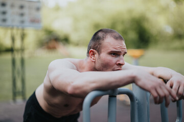 Man resting after an intense outdoor workout in a park, depicting determination, focus, and...