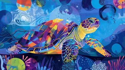 A vibrant, whimsical illustration of a sleepy turtle with a tired expression and messy shell patterns, against a backdrop of abstract shapes and lines representing fatigue and confusion, using deep