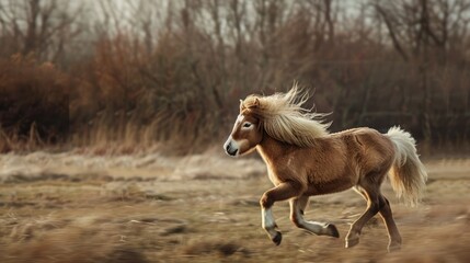Fototapeta premium Shetland pony moving gracefully in a field