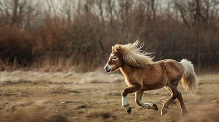 Shetland pony moving gracefully in a field