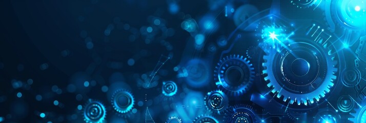 Obraz premium Blue technology background with gears and hologram elements, vector illustration.