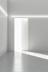 An empty room with a white-colored background, simple and clean, with an open door on one wall.