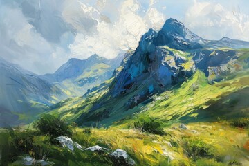 Fototapeta premium watercolor painting of a mountain, watercolor painting on wash paper with mountain, fog and trees, Ai generated